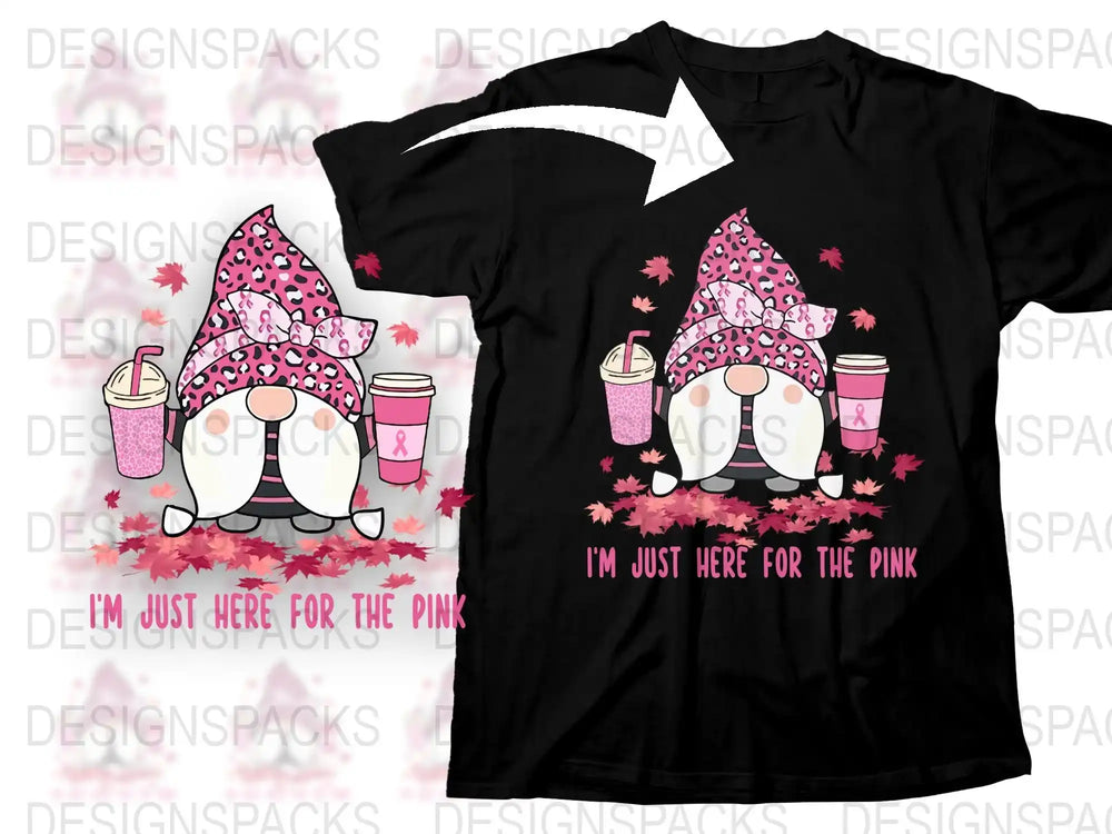 Women's Pink Gnome T-Shirt, Cute Graphic Fall Tee, Autumn Leaves Design, Casual Fashion Top