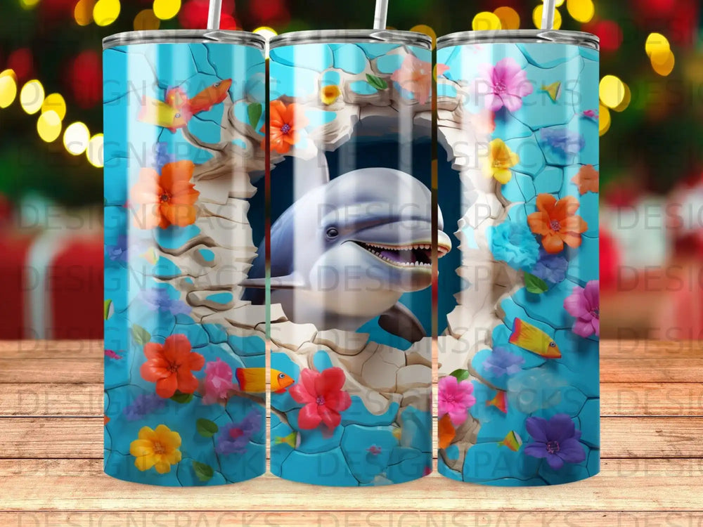 Blue tumbler with dolphin, coral, and fish in a tropical underwater scene.