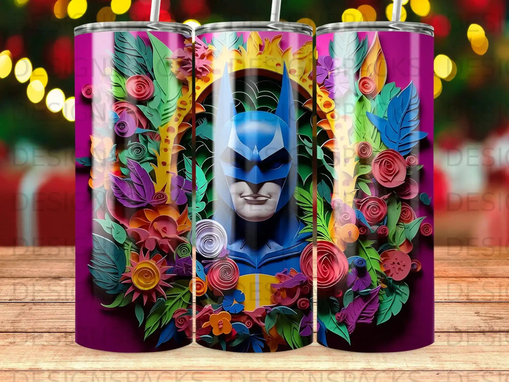 Batman mask surrounded by vibrant paper flowers and leaves in a circular frame.