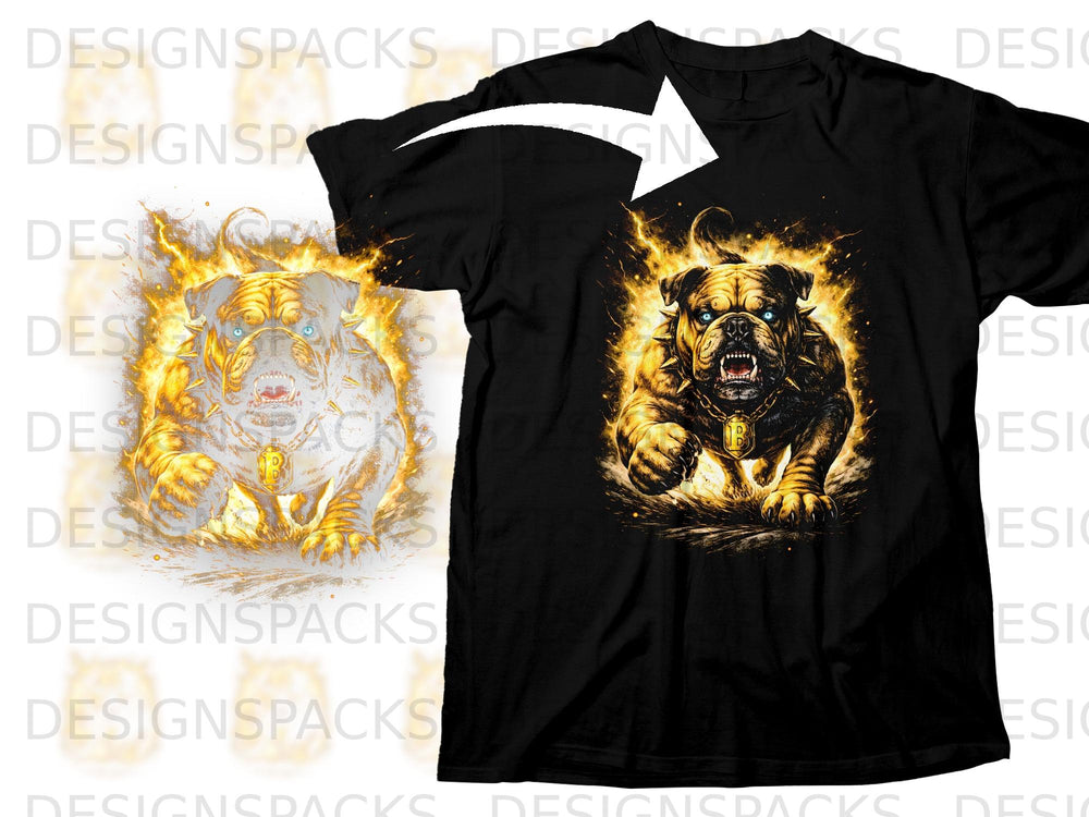 Black t-shirt featuring a fierce bulldog surrounded by flames and lightning, wearing a gold chain.