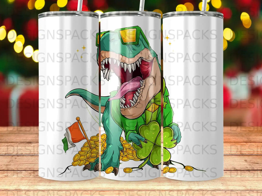 Cartoon T-Rex wearing sunglasses, holding a shamrock and coins.