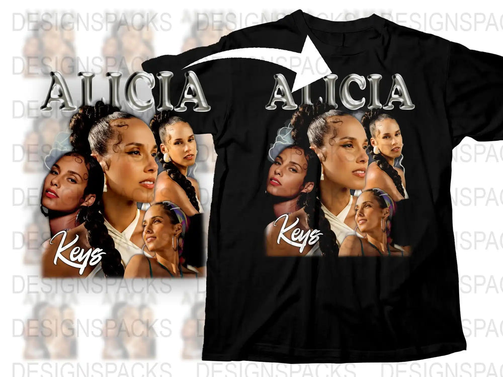 Alicia Keys Photo Collage T-Shirt, Iconic Pop Star Graphic Tee, Black Cotton Shirt
