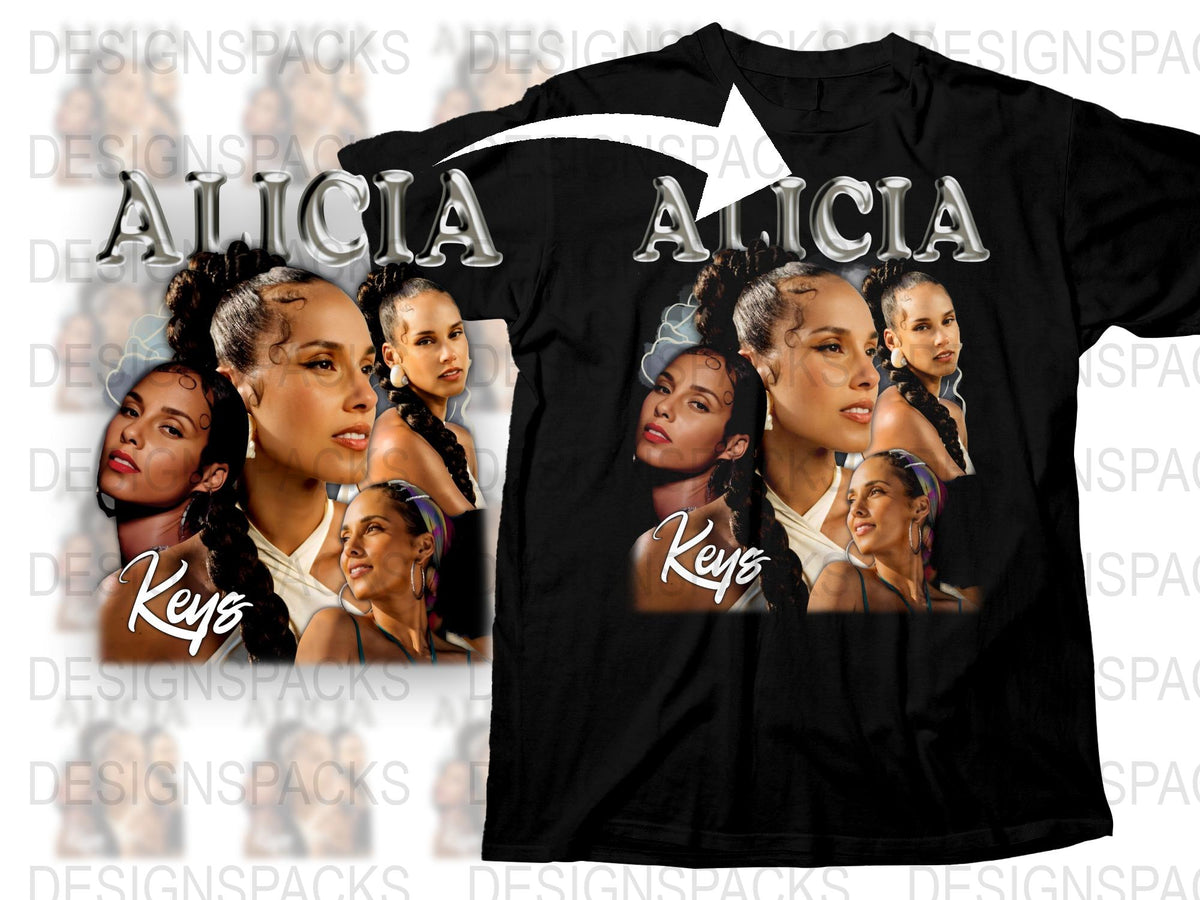 Alicia Keys Photo Collage T-Shirt, Iconic Pop Star Graphic Tee, Black Cotton Shirt