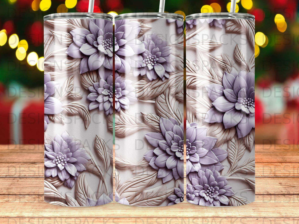 Three tumblers with a raised floral design in shades of purple and white.
