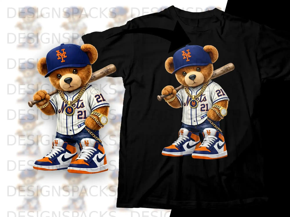 Bear in Mets uniform holding baseball bat, wearing chain and sneakers.