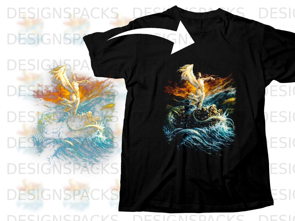 Black t-shirt with artwork of a woman and a sea monster in rough seas.