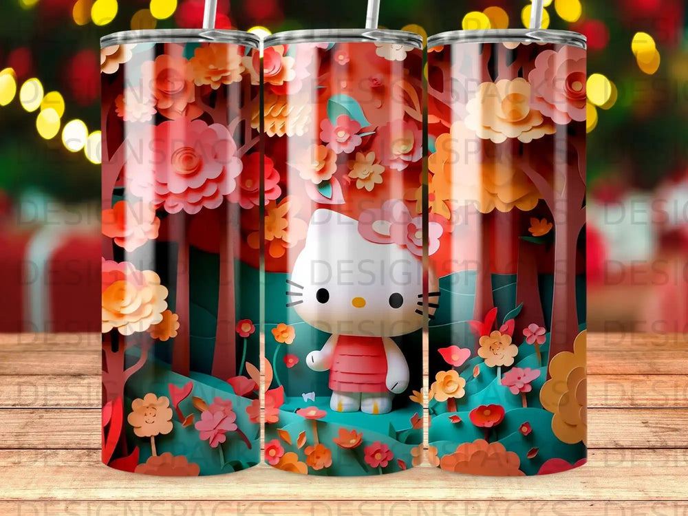 Hello Kitty with floral trees and bokeh background.