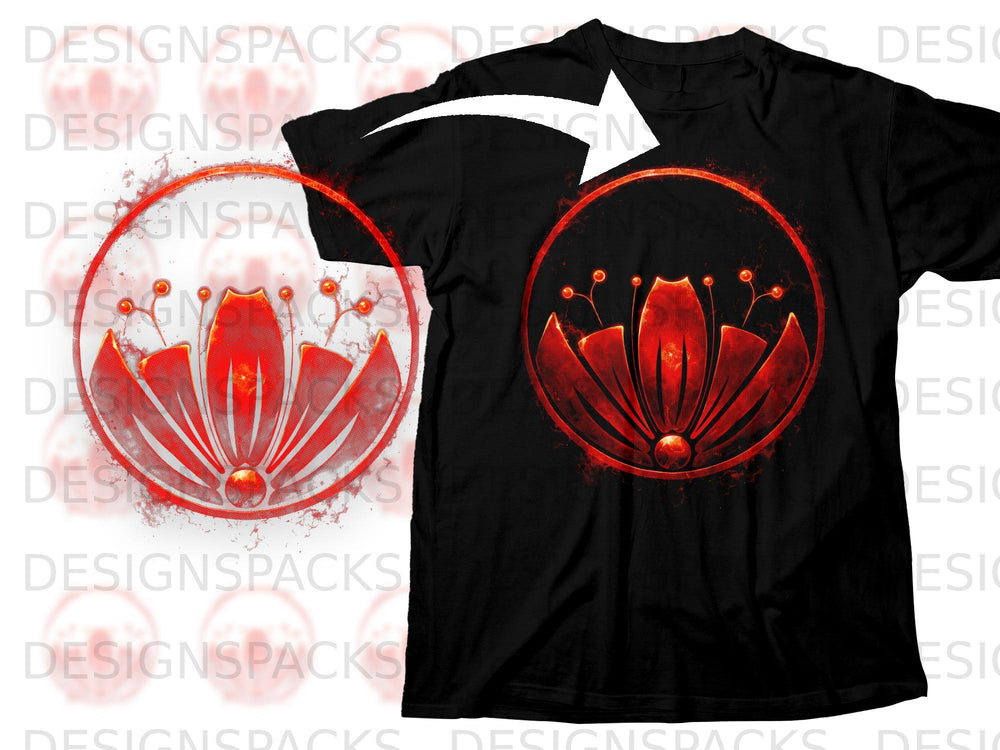 Black t-shirt with a red, glowing lotus flower graphic and a circular design.