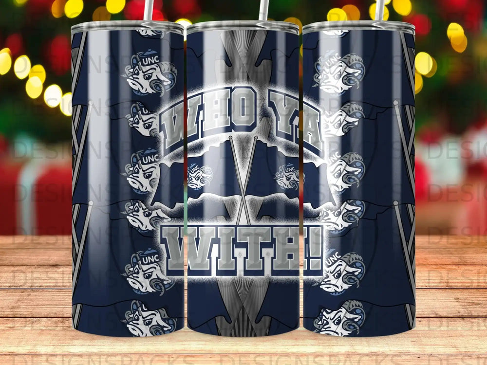Blue tumbler with "WHO YA WITH!" and UNC Tar Heels mascot and flags.