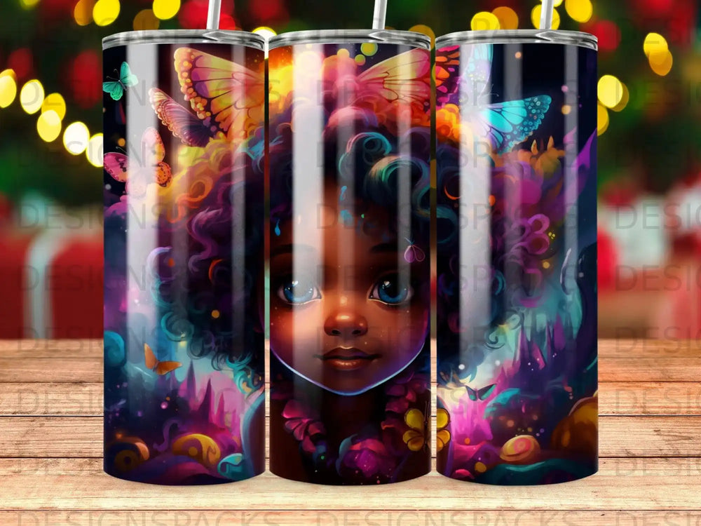 Girl with butterflies and colorful glowing flowers on a tumbler.
