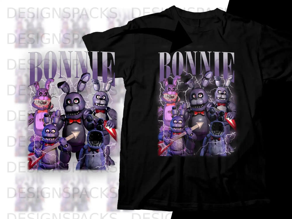 FNAF Bonnie characters in purple and blue on a black t-shirt.