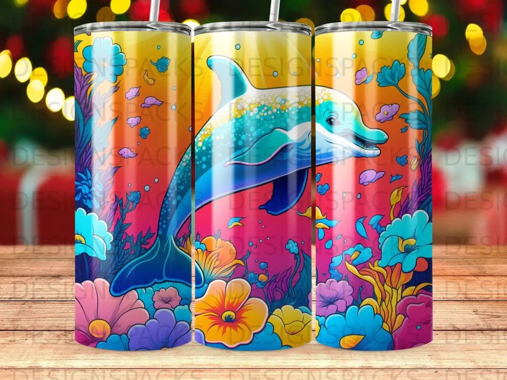 Dolphin and colorful flowers on a tapered tumbler wrap with abstract background.
