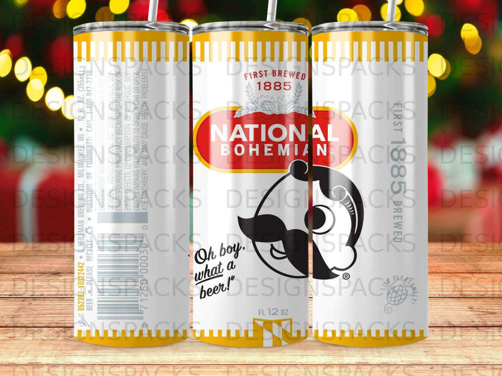National Bohemian beer tumbler with mascot and "Oh boy, what a beer!" text.
