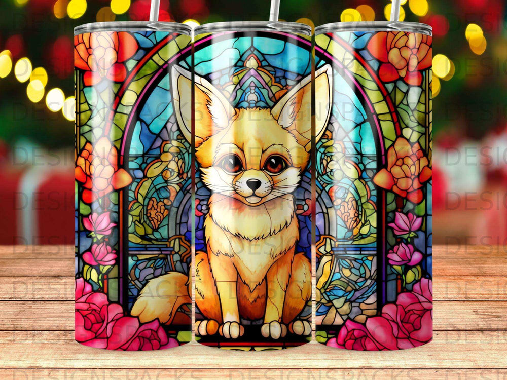 Stained glass fox with roses on a tumbler.