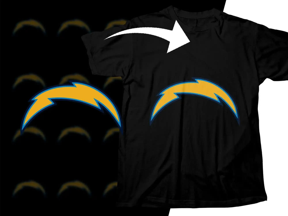 Black t-shirt featuring a bold yellow and blue lightning bolt design, ideal for sports fans.