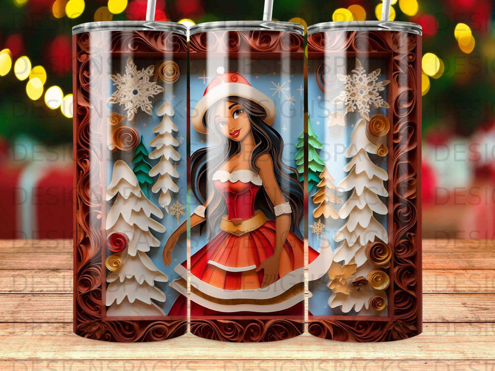 Christmas tumbler with cartoon woman in Santa outfit and snowy trees.