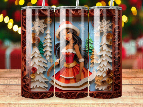 Christmas tumbler with cartoon woman in Santa outfit and snowy trees.
