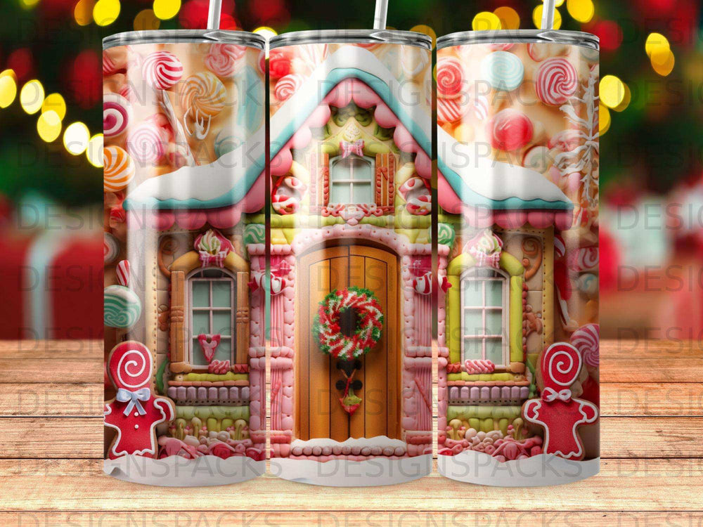 Gingerbread house with candy cane trim and gingerbread men on a festive background.