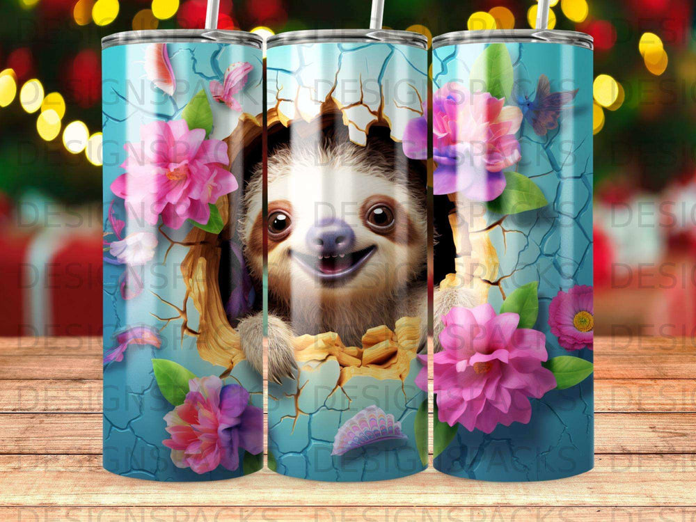 Cute sloth peeking through a cracked blue surface with flowers.