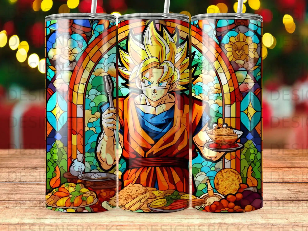 Goku in stained glass art holding food, with colorful food dishes.