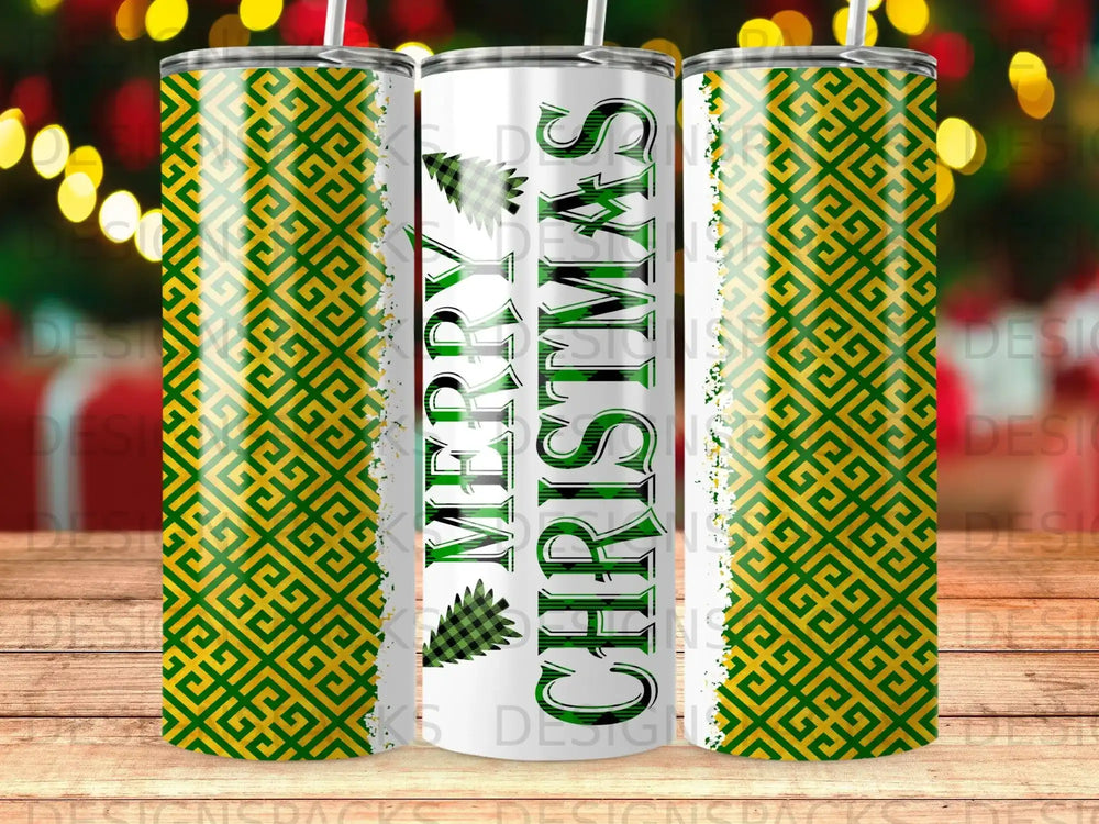 Green and gold geometric pattern wraps around three tumblers with "Merry Christmas" text.