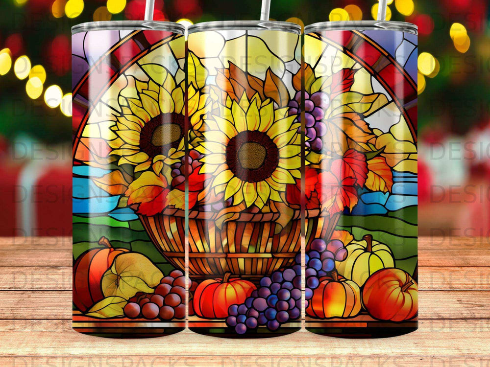 Stained glass design with sunflowers, pumpkins, grapes, and fall leaves.