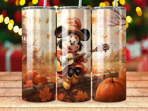 Minnie Mouse in a fall outfit plays guitar with pumpkins and autumn leaves.