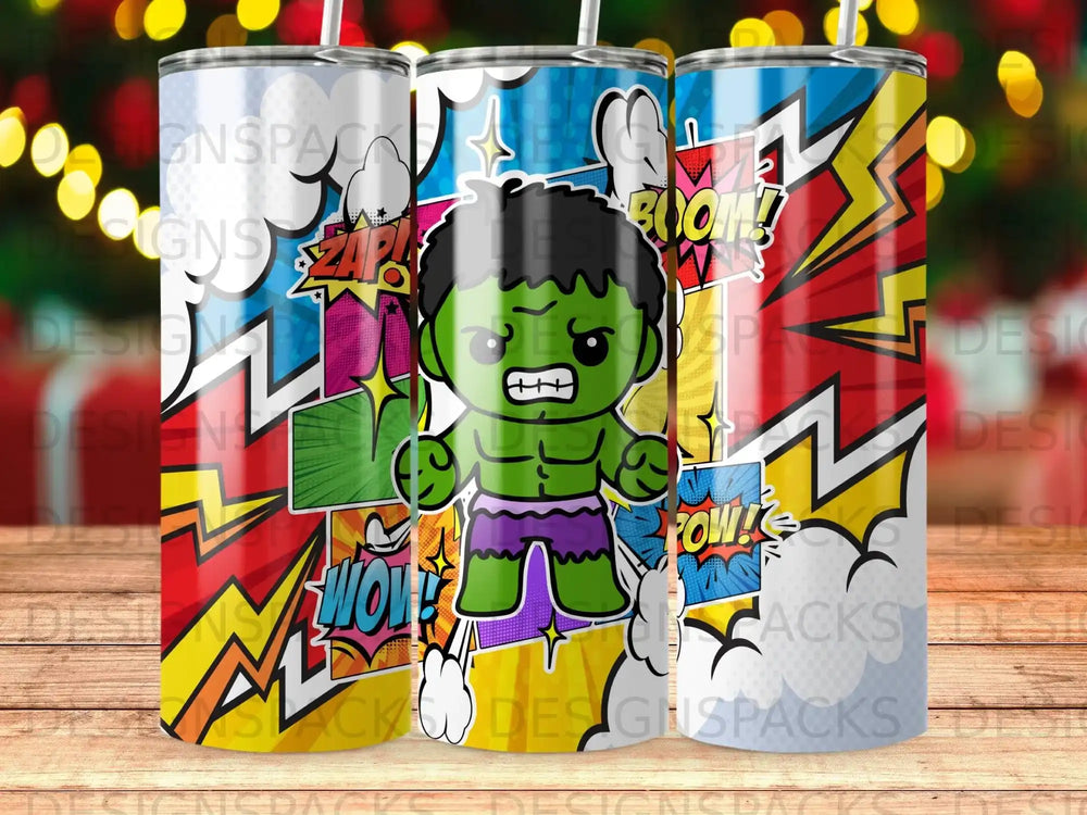 Hulk cartoon character on comic book style tumblers with "Zap!" and "Boom!" text.