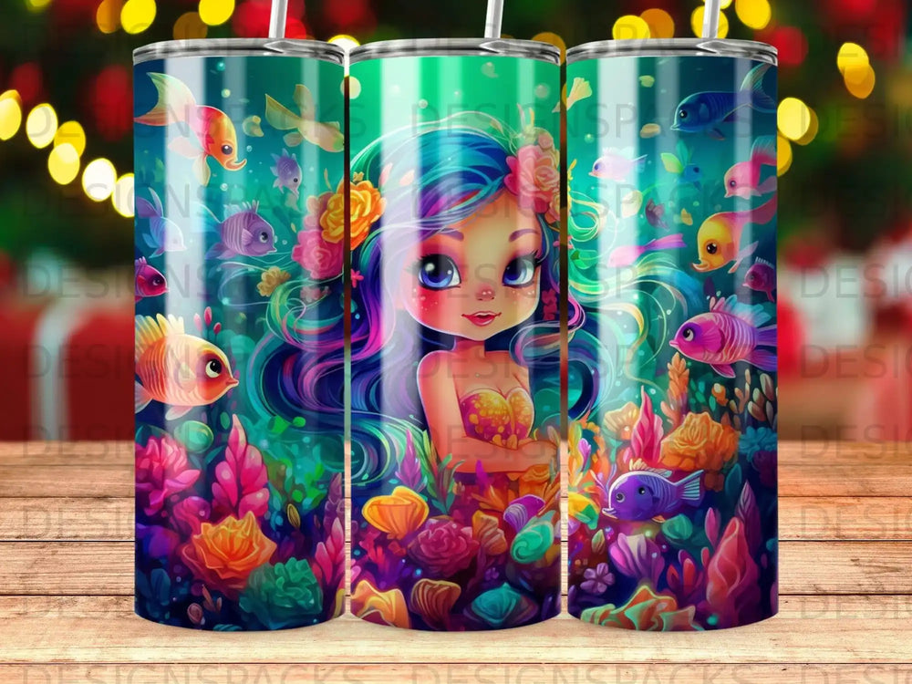 Mermaid with colorful hair surrounded by tropical fish and coral reef.
