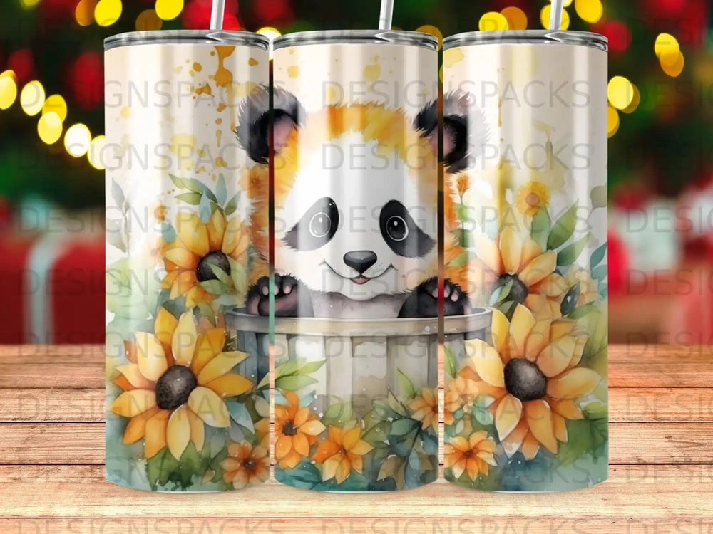 Panda peeking from a bucket surrounded by sunflowers and foliage.