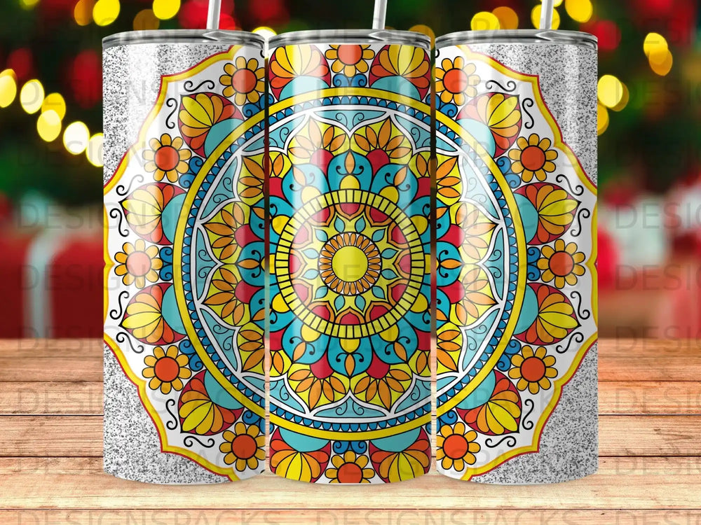 Tumbler with a colorful mandala design.