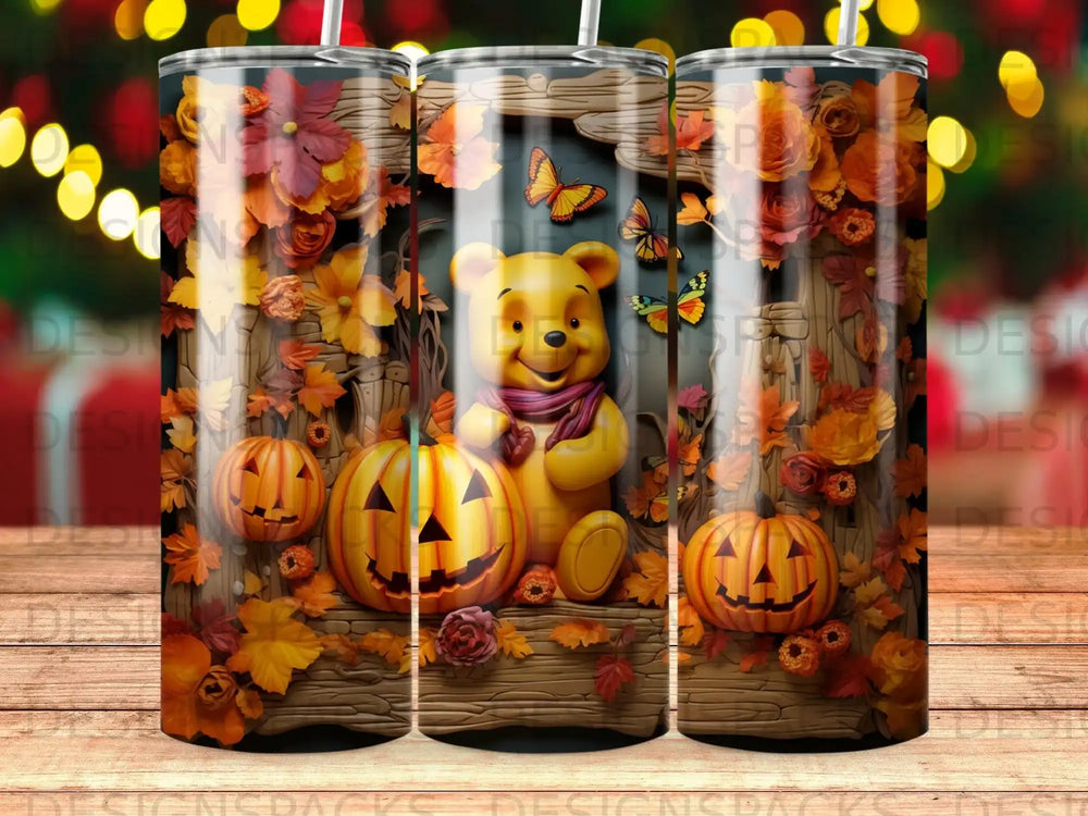 Winnie the Pooh with pumpkins and autumn leaves, whimsical Halloween theme.