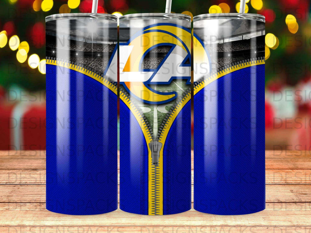 Los Angeles Rams logo on a blue and gold striped tumbler with zipper detail.