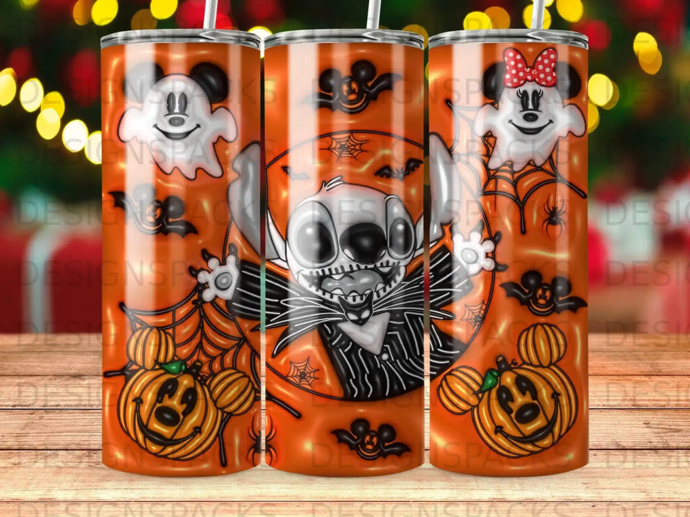 Halloween Stitch Jack Skellington pumpkin and Mickey Mouse characters on orange tumbler.
