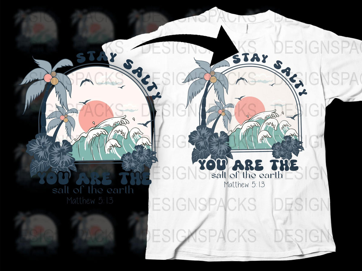 Stay Salty Christian T-Shirt with Matthew 5:13 Bible Verse, Ocean Waves Graphic Tee, Religious Summer Shirt, Faith Apparel