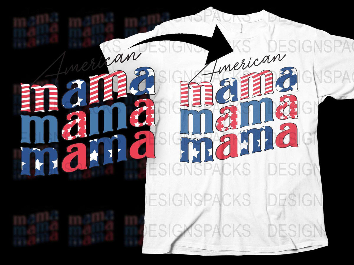 American Mama T-Shirt, Patriotic Mom Tee, Red White Blue Graphic Shirt, USA Flag Style Top for Women