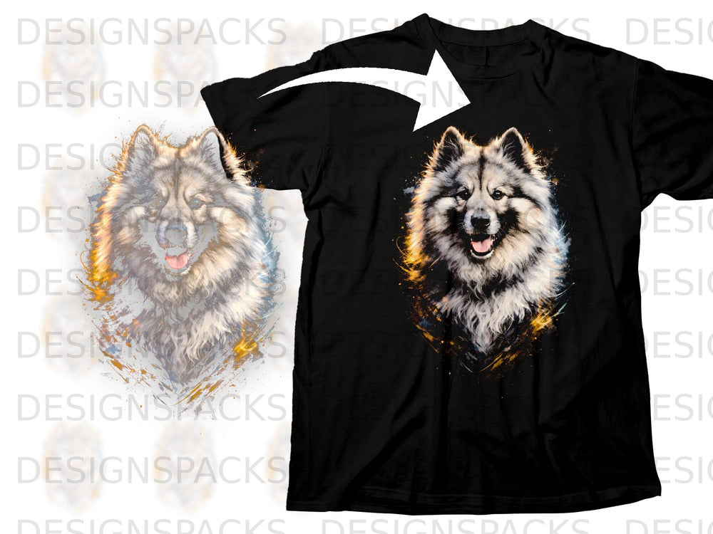 Black t-shirt with a vibrant watercolor-style dog design.