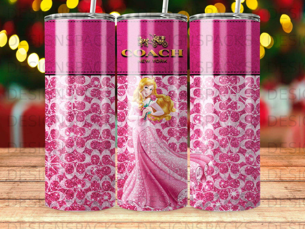 Coach New York logo above Princess Aurora in pink dress on glittery pink background.