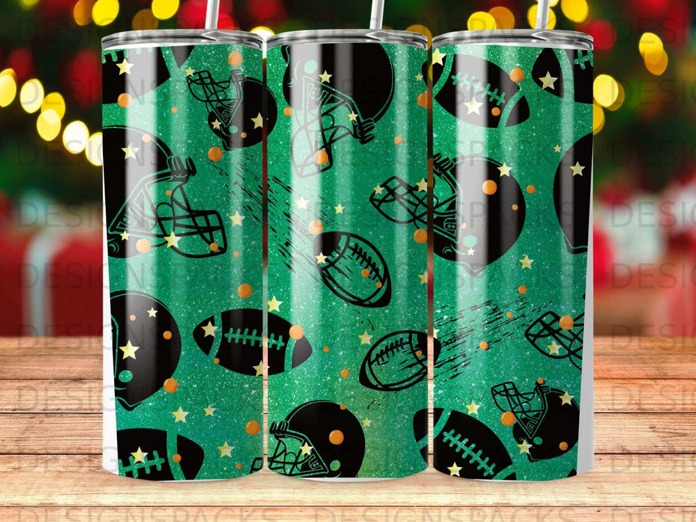 Green tumbler with repeating pattern of footballs, helmets, and stars.