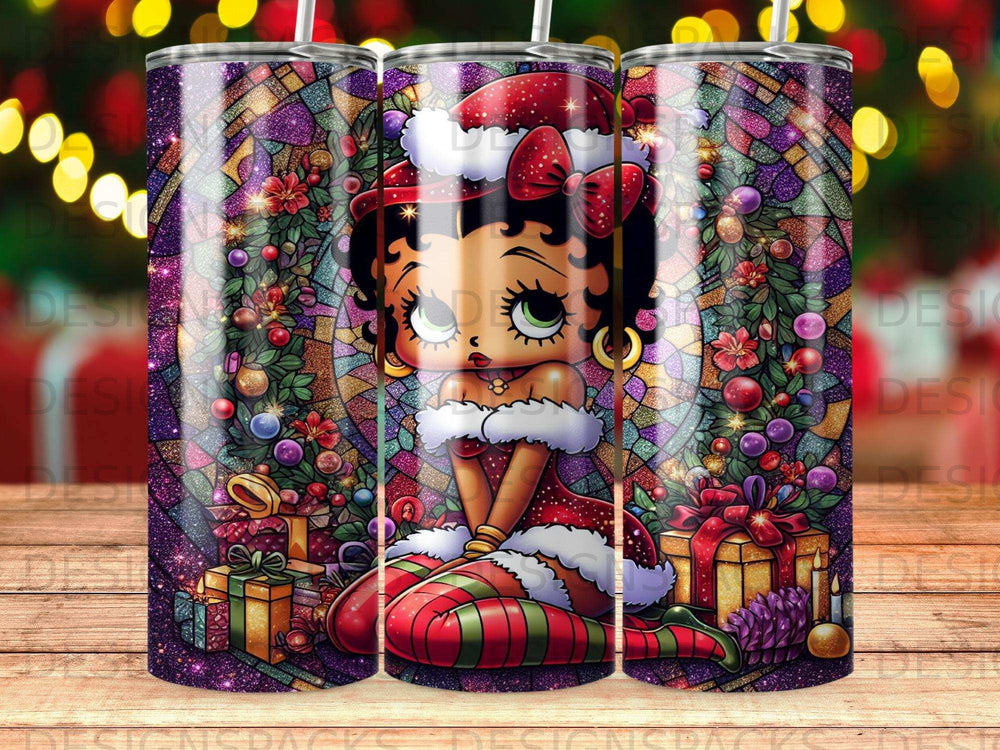 Betty Boop in a Santa outfit sits among presents with a stained-glass holiday background.