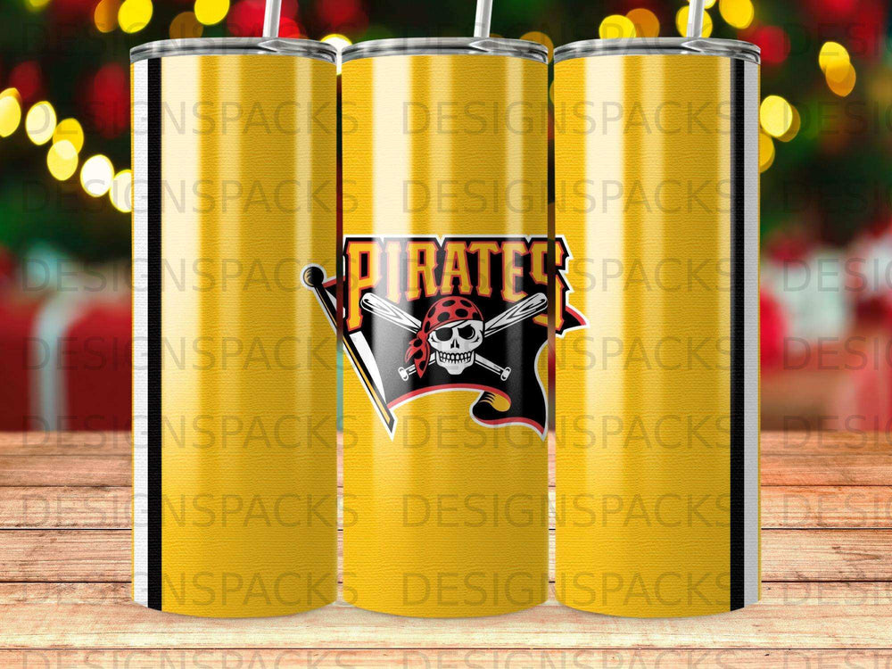 Three yellow tumblers with a black and red pirate flag and skull logo.