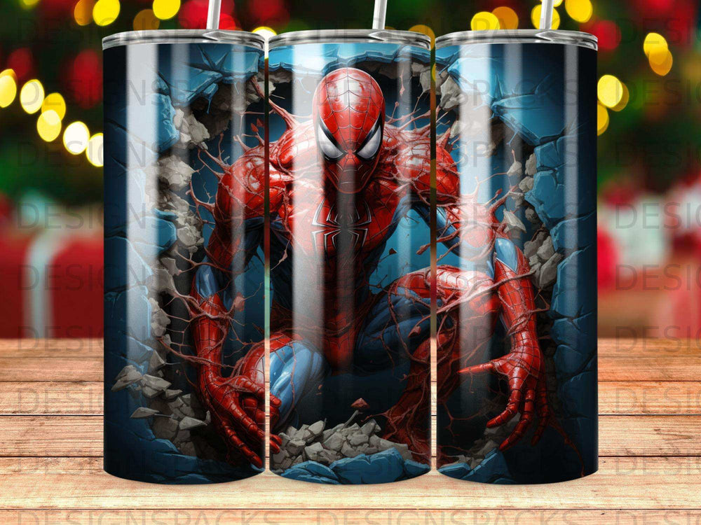 Spiderman breaking through a cracked wall with a festive, out-of-focus background.