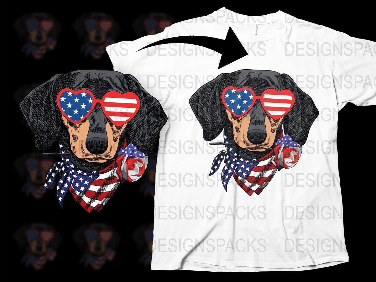 Patriotic Dachshund T-Shirt, American Flag Heart Sunglasses, 4th of July Graphic Tee, Dog Lover Gift, Unisex Fashion