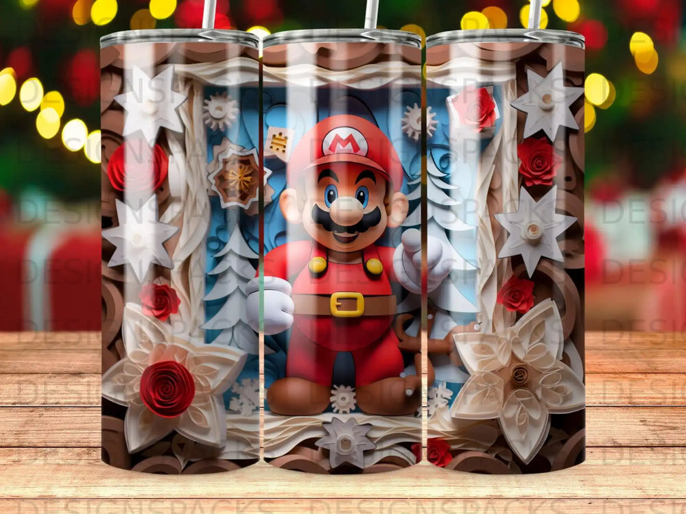 Mario character with papercraft background on a tumbler.