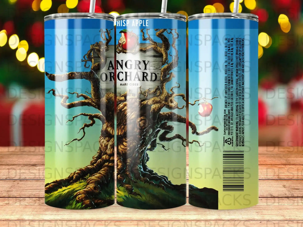 Angry Orchard Crisp Apple hard cider can with a tree and apple design.