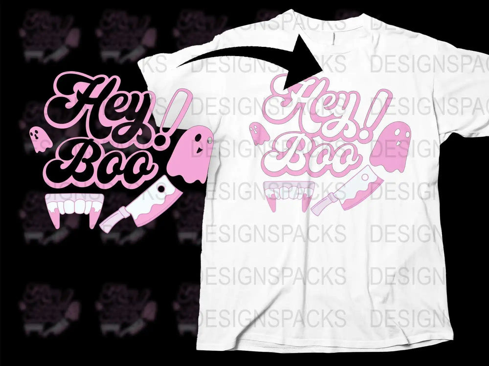 Hey Boo Graphic T-Shirt, Pink and White Spooky Ghosts Tee, Halloween Casual Wear, Unisex Ghost Shirt Design, Fun October Apparel