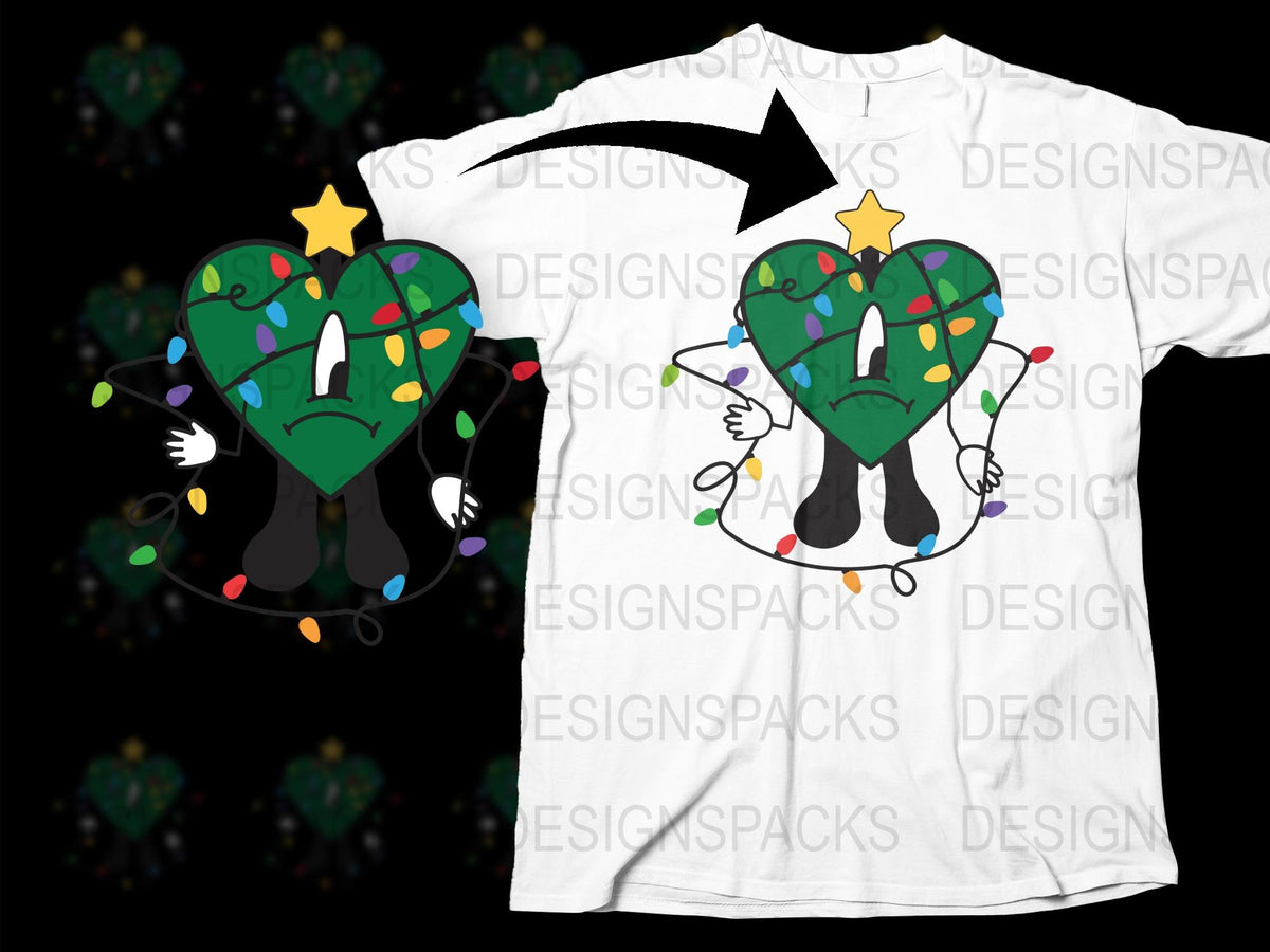 Festive Heart Character T-Shirt, Cute Cartoon Holiday Graphic Tee, Unisex Christmas Lights Shirt