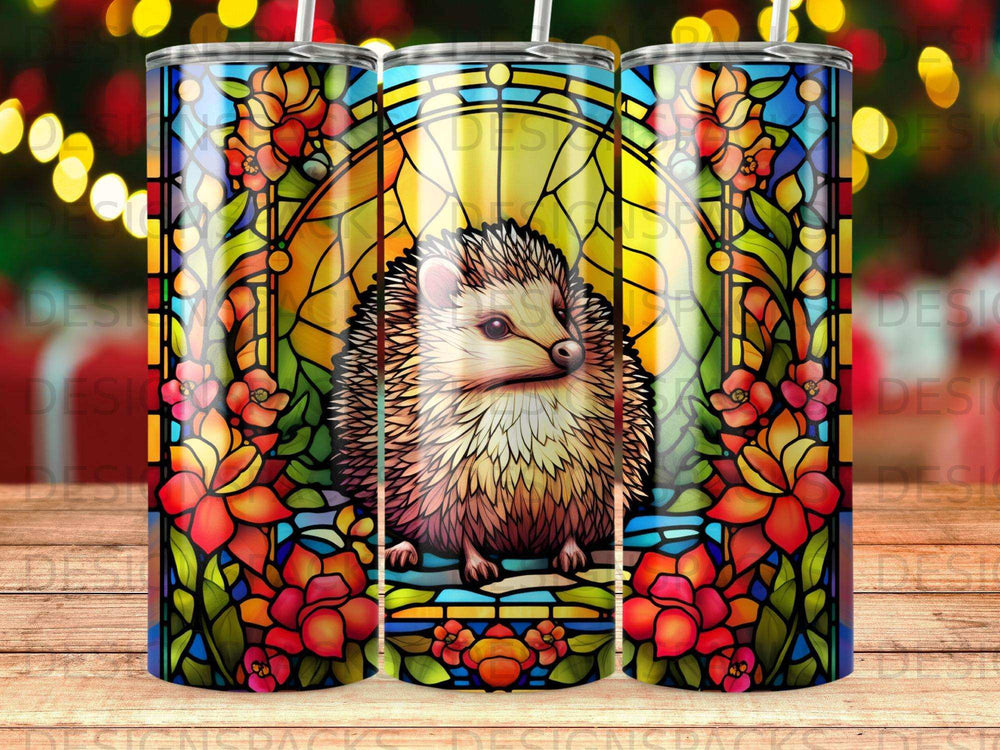 Stained glass art of a hedgehog surrounded by flowers and vines.