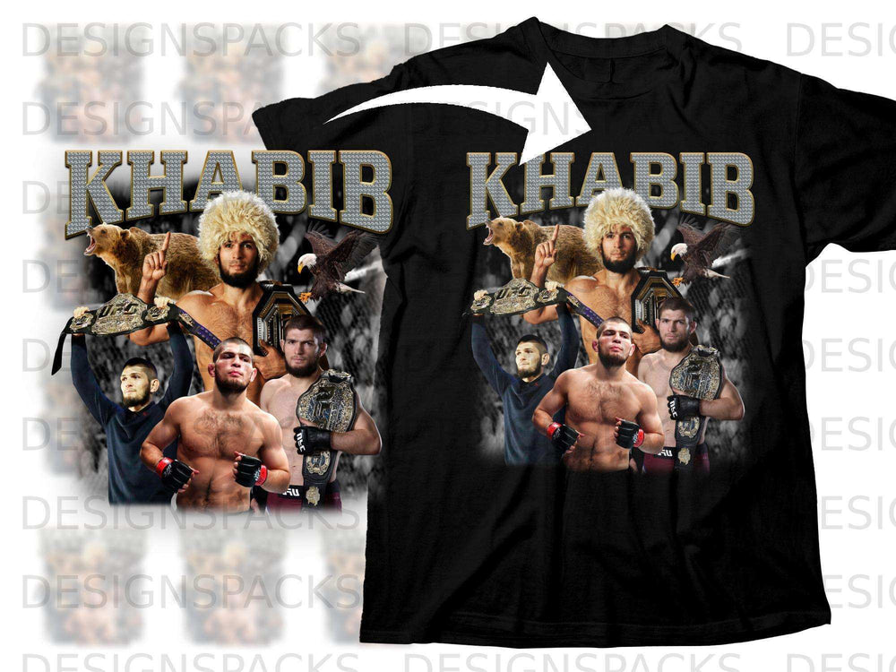 Khabib Nurmagomedov UFC champion t-shirt design with eagle and championship belts.