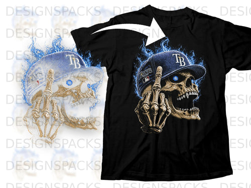 Skull with Tampa Bay Rays hat and blue flames on black t-shirt.